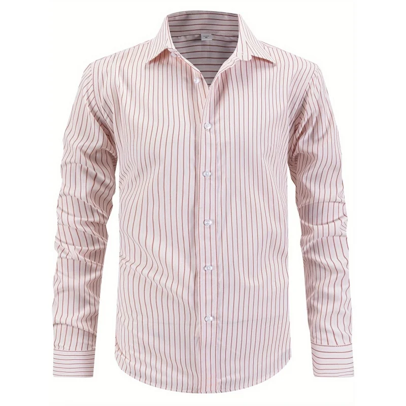 Men's Thin Vertical Striped Cotton Long Sleeve Shirt, Wrinkle Resistant Pocket-Free Slightly Relaxed Slim Fit Button Down, Wear