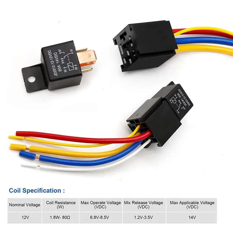 L96A Car Relay with Harness, 5Pin 80A Relay On/Off Normally Open SPDT Relay Socket Plug JD2912-1Z-12VDC 80A 14VDC