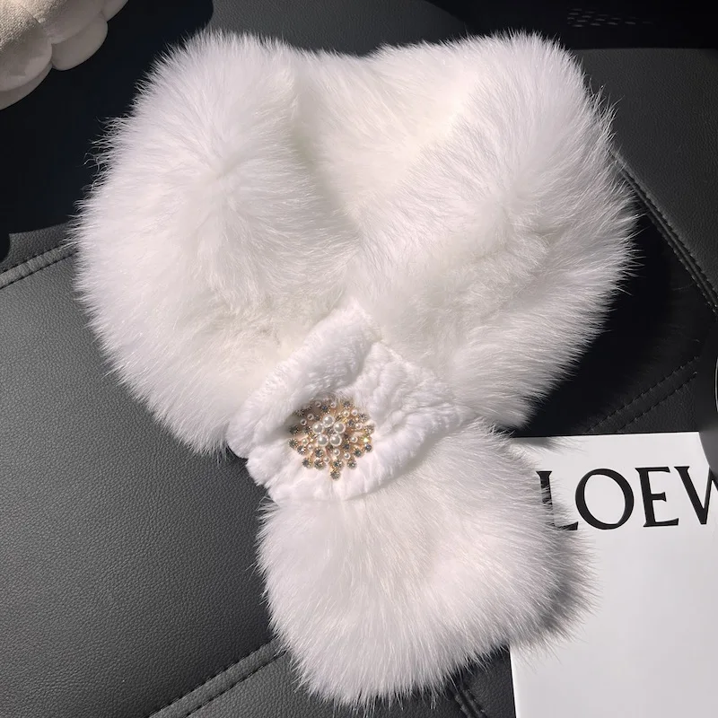 Flauschiger Echter Fuchspelzschal für Damen, Winter-Wärme, Luxuriöser Echter Kaninchenpelzschal, Handgefertigt mit Diamanten – Detail 13