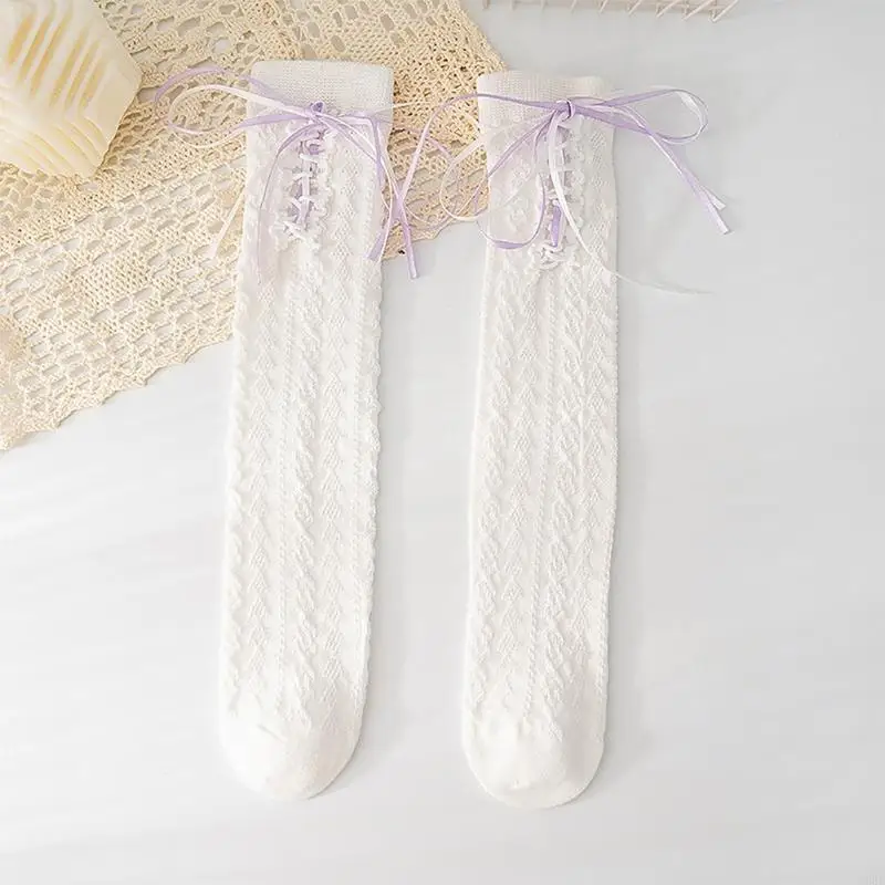 195E Calzini alti ginocchio per bambine e ragazze, calzini per stivali in cotone, fiocchi dolci, calzini polpaccio, regali