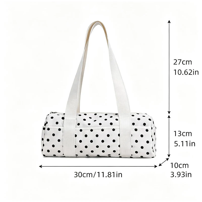Gepunktete Schultertasche in langem Zylinderformat, Damen-Handtasche mit Tragegriff, zylindrische, leichte, schicke Tragetasche für den Arbeitsweg – Detail 1