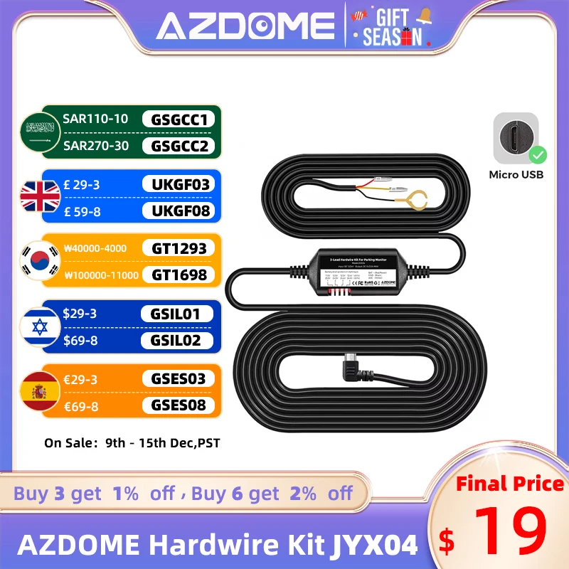 AZDOME Micro USB Port JYX04 HardWire Kit For M300 Car DVR Dash Cam Low Vol Protection ACC Power Cable 12V-24V in 5V3A Out