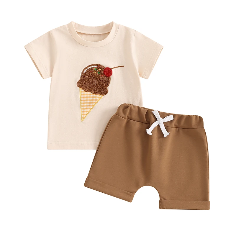 Baby 2 Piece Summer Outfits Ice Cream Embroidery Short Sleeve T-Shirt and Elastic Shorts Set for Toddler Girl Boy