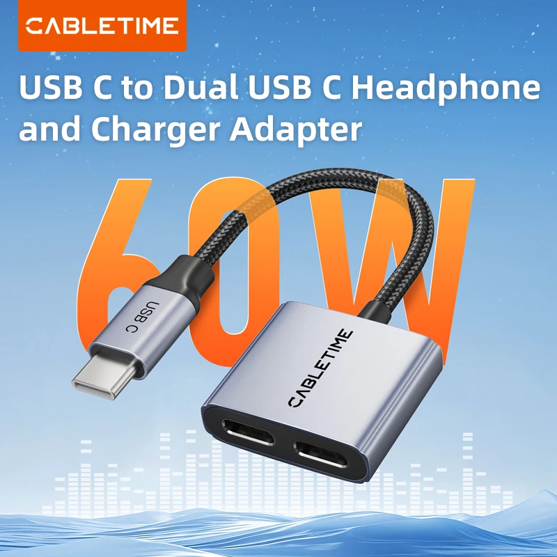 CABLETIME USB C a Dual USB C Adaptador de cargador y auriculares 2 en 1 PD 60W Cargador rápido Adaptador de aluminio Hi-Fi para IPhone HUAWEI