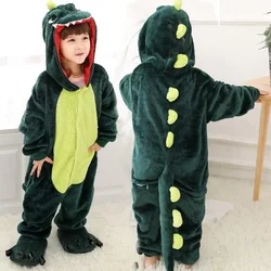 Kids Onesies Boys Girls Green Dinosaur Pajamas Flannel Sleepwear Nightwear Animal Cosplay Costume Halloween Party Funny Outfits