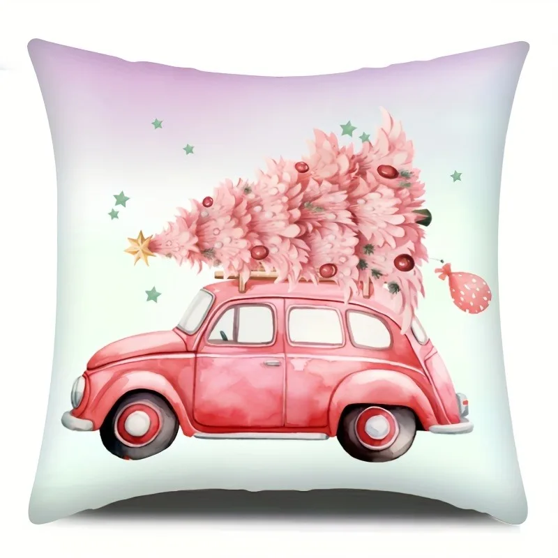 Winter Pink Christmas Tree and Santa Claus Sofa Cushion Cover Machine Washable Living Room and Bedroom Home Decor Pillowcase