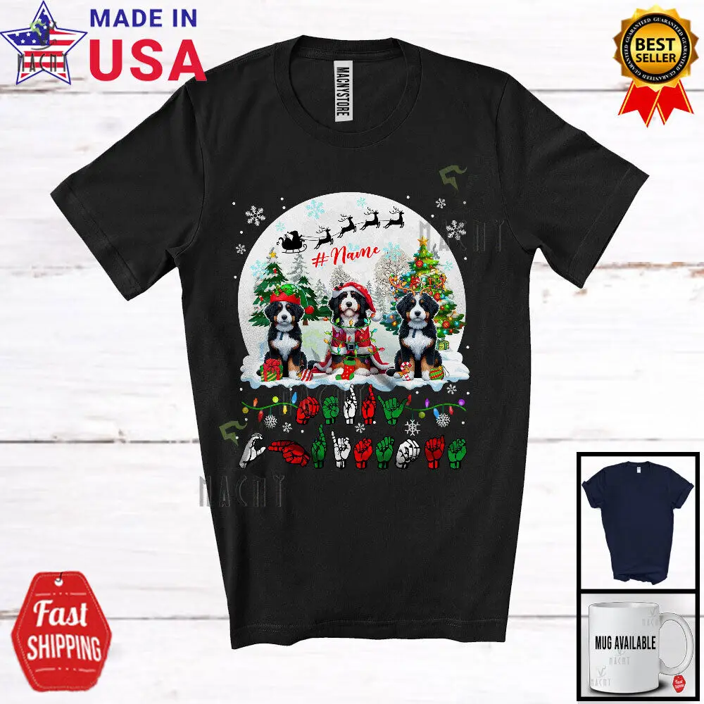 Feliz Navidad; Precioso nombre personalizado de Bernedoodles; Camiseta ASL Sign Language Moon