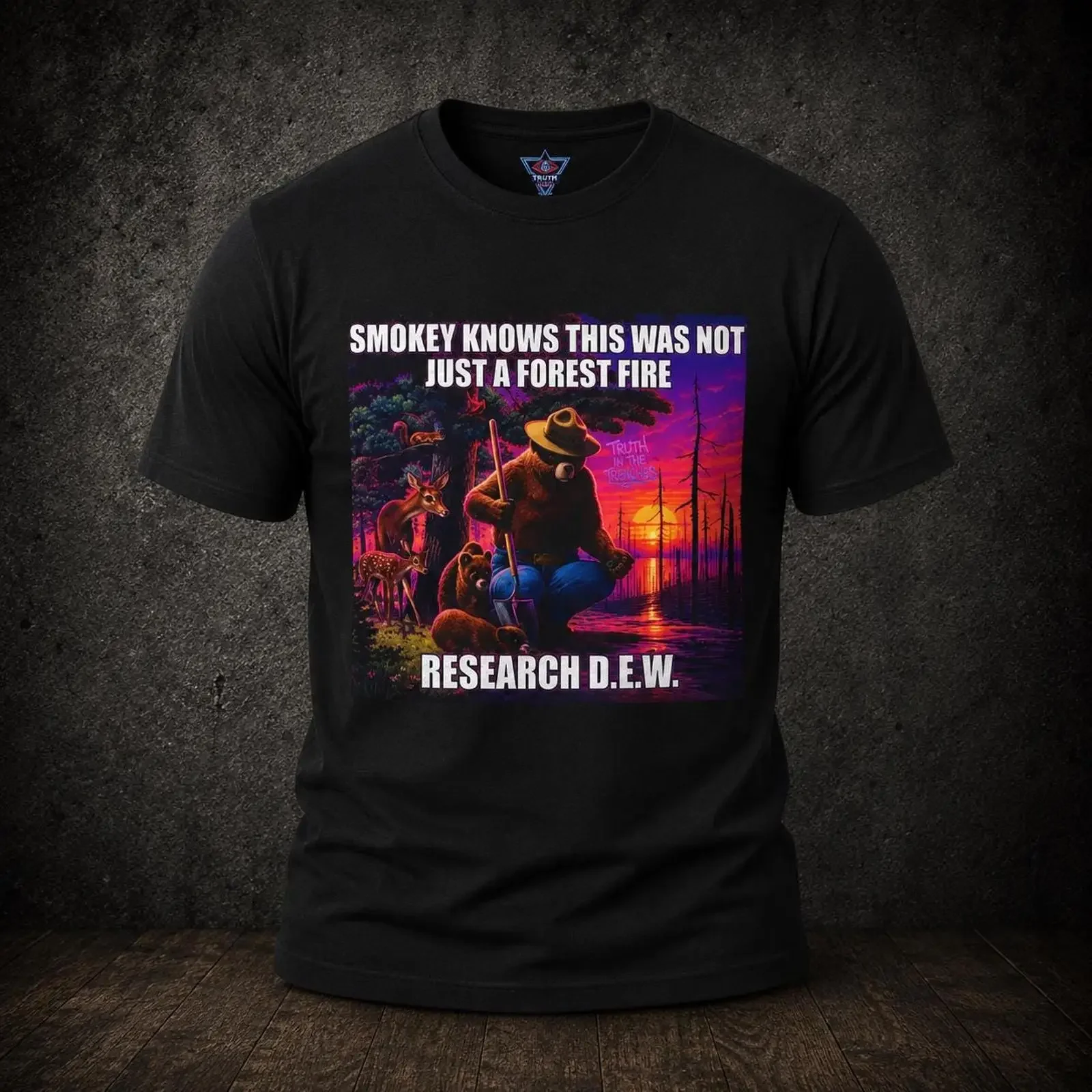 Smokey Bear 'This Was Not Just a Forest Fire' T Shirt Research D E W Funny Political Humor vintage Washed Slightly Stretched