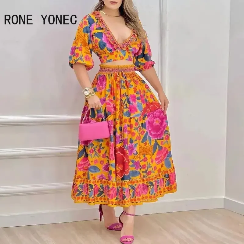 Women Outfit 2023 Y2K Floral Print Puff Sleeve Crop Top & Skirt Set Women Two pieces Sets