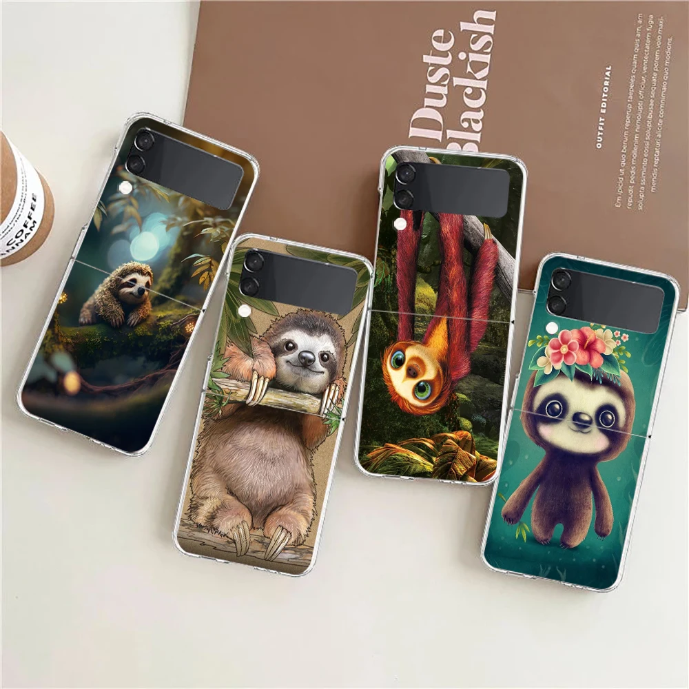 Cartoon Animal Sloth Hard PC Phone Case For Samsung Galaxy Z Flip 6 5 4 Transparent Cover For Galaxy Z Flip3 Foldable Shockproof