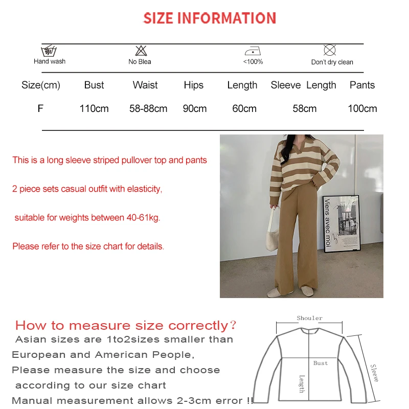 EVNISI Women Autumn Office Knitted Two Piece Set Striped Long Sleeve Pullover Sweater + Wide Leg Pants Sets Casual Loose Outfits