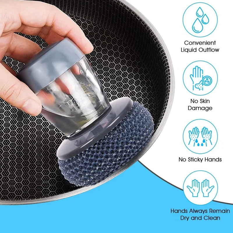 Soap Dispenser Brush For Kitchen Sink Pot Oven Dish Scrubber With Holder Push-Type Liquid Adding PET Wire Ball Pot Brush Durable