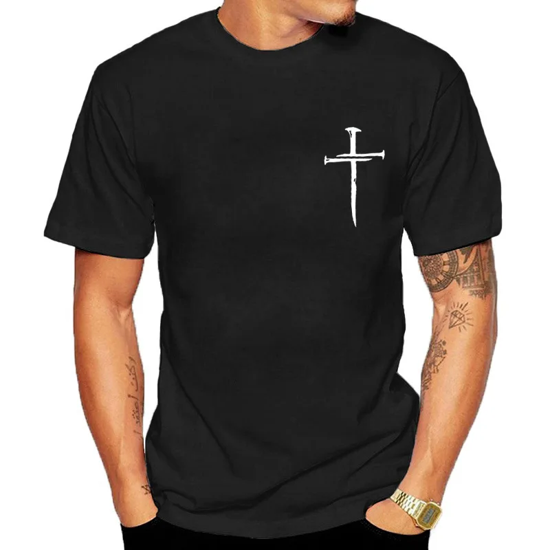 Mens Crew Neck Short Sleeve T Shirt Nail Cross Faith Graphic Tee Minimal Religious Art Casual Mens For Church Daily Street Wear