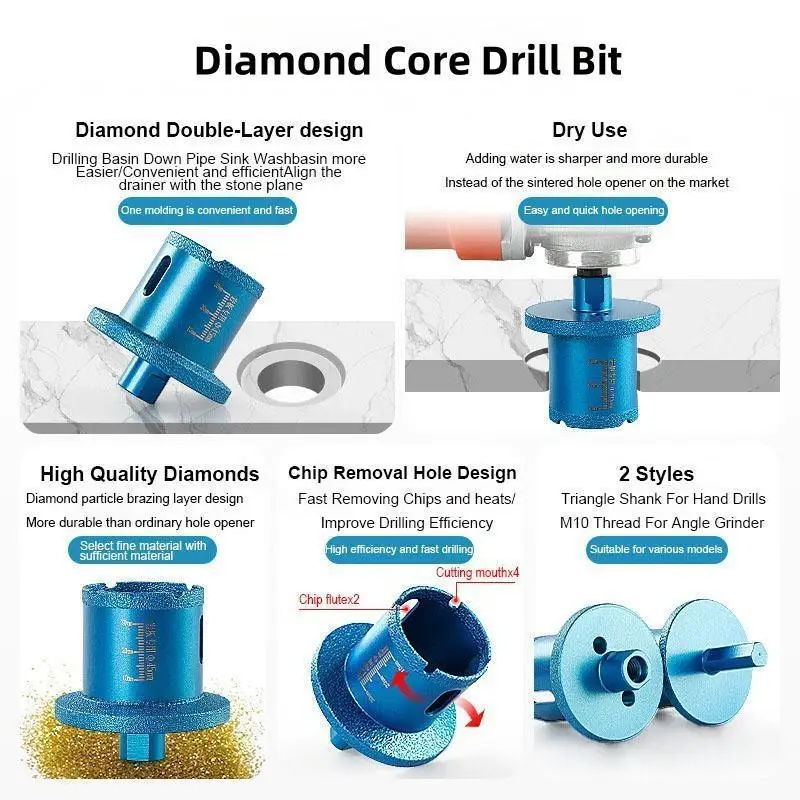 M10 Thread Diamond Core Drill Bit Triangle Shank Sink Washbasin Basin Opener for Porcelain Marble Ceramic Tile Granite Stone