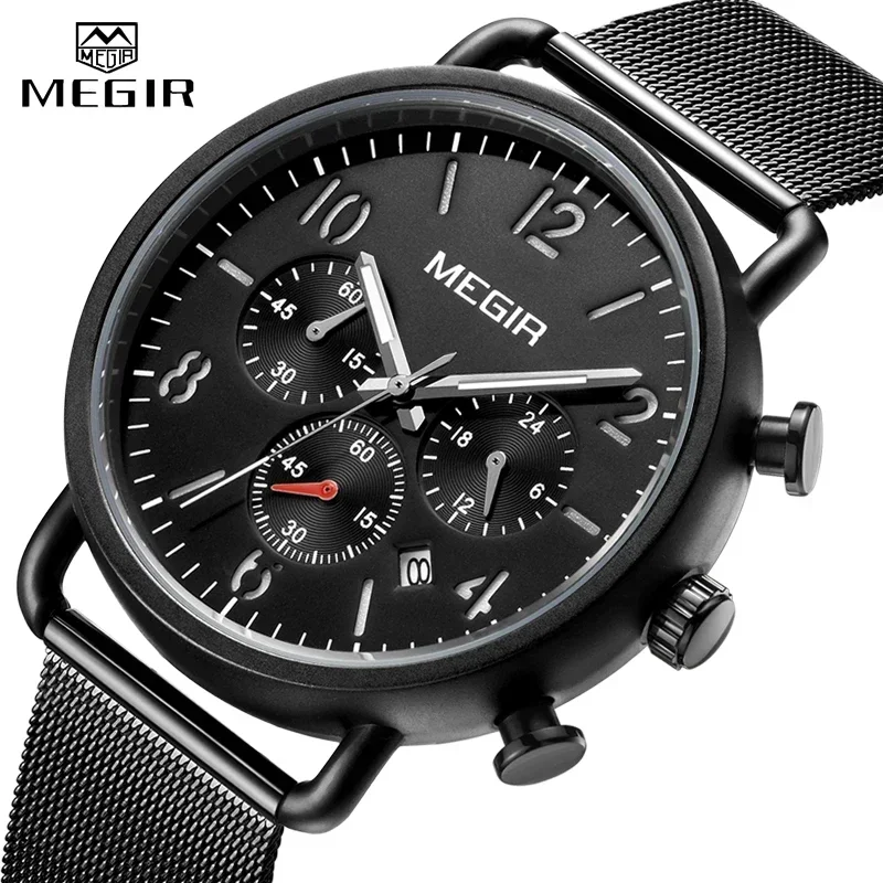 Megir moda casual relógio masculino marca superior de luxo malha aço à prova dwaterproof água relógio pulso quartzo esporte cronógrafo relógios