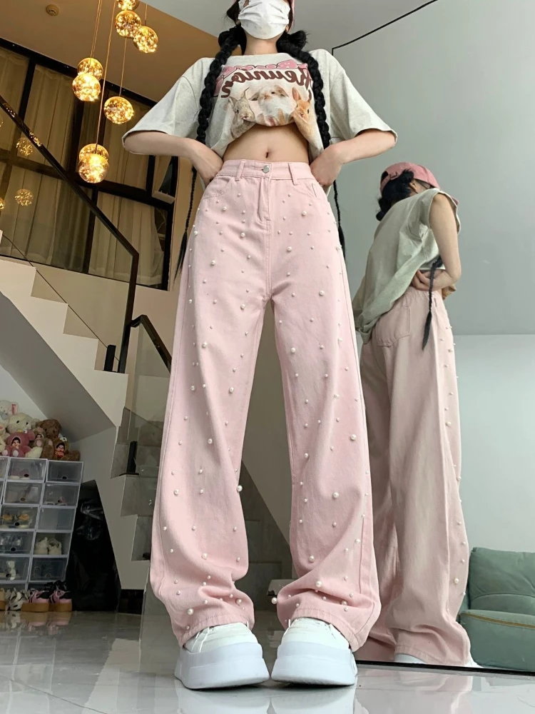 Women's Pearl Embellished Jeans Pink Wide Leg Denim Pants Vintage Y2k Baggy Floor Length Trousers Summer High Waist Streetwear