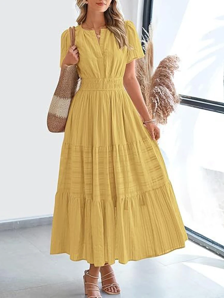 2025 Spring and Summer Cross border European and American Fashion Women's V-neck Folded Bubble Sleeve Layered Big Swing Dress - Image 5