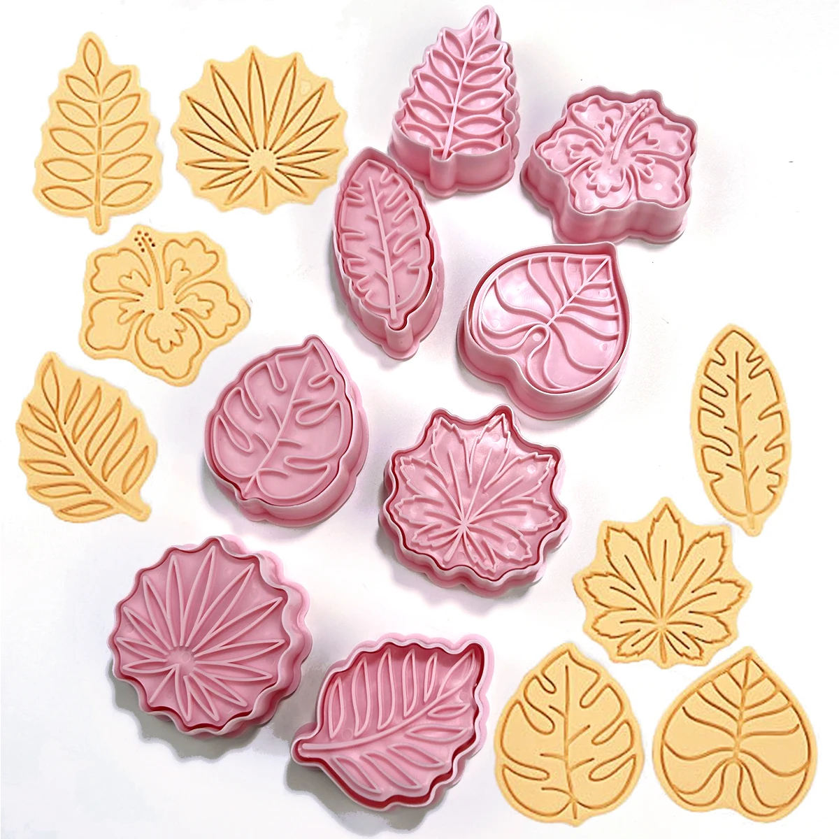 Cookies Cutter 8 Pieces Leaf Dough Stamp Plastic 3D Cartoon Pressable Biscuit Mold Confectionery Baking Pastry Bakeware