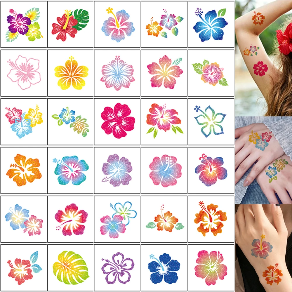 30pcs Glitter Flower Temporary Tattoo Stickers Summer Hawaii Themed Party Favors Body Decoration Floral Fake Tattoo for Women