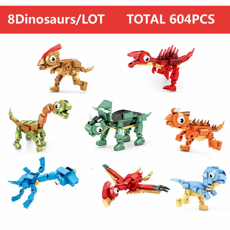 2023 New 8 Dinosaurs a LOT Building Blocks Jurassic Series Parasaurolophus Spinosaurus Building Bricks For 4-7  years old 604PCS