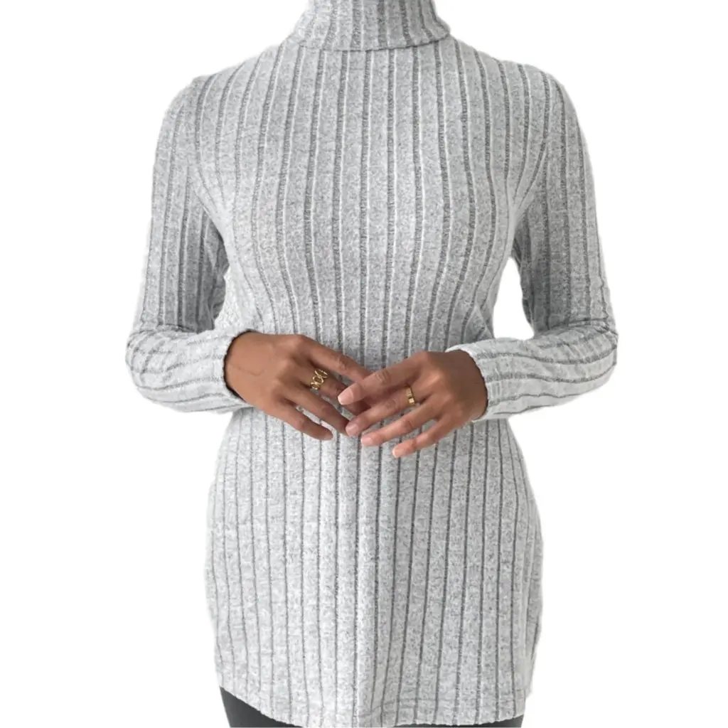 

Women's Slim Fit Turtleneck Pullover Mid-Length Striped Shirt European American Style Autumn Winter Split Bottoming Top