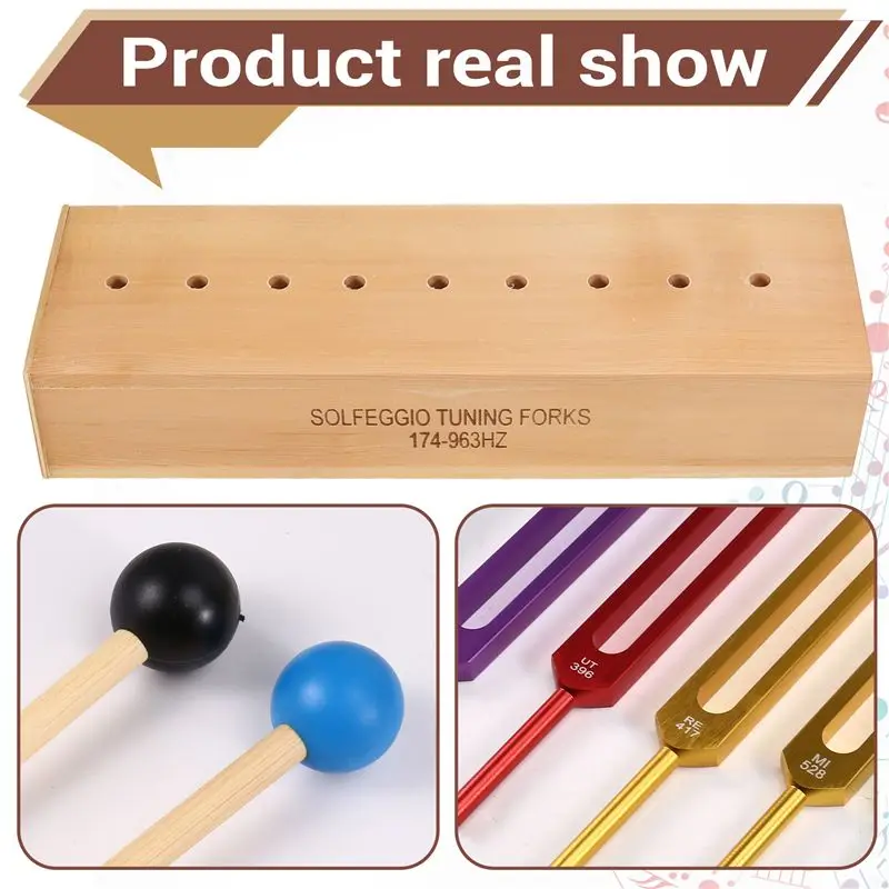 ABLB-Comprehensive Set Of 9 Colored Tuning Forks With Hammer For Healing Meditation, Packed In A Wooden Box For Yoga Instructors