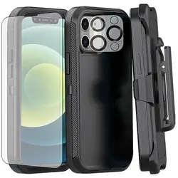 For iPhone 11 15 Pro Max 12 13 Mini 14 Plus 16e Black Shockproof Defender Armor Case Cover Belt Clip Screen Lens Tempering Glass
