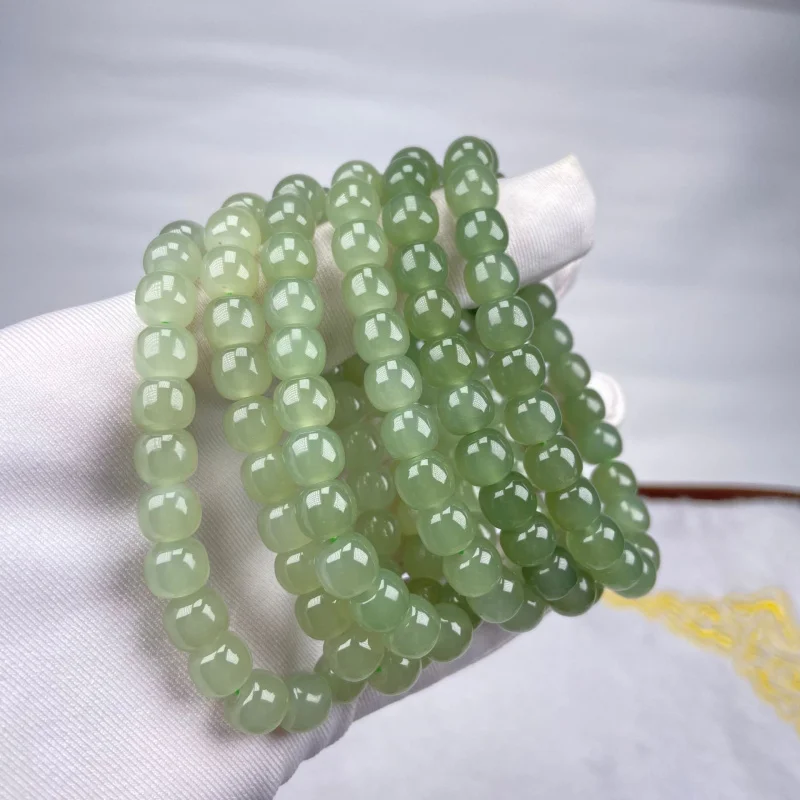 Natural Hetian Jade Qinghai Material 7x8mm Gentle Men and Women Style Old Type Bead Bracelet