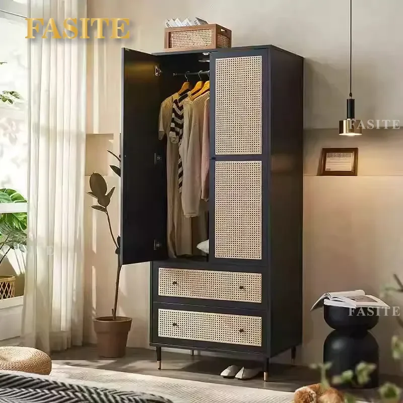 Nordic Solid Wood Rattan Double Door Wardrobe Ash Wood Retro Large Storage Cabinet Whole Hanging Closet for Small Apartment