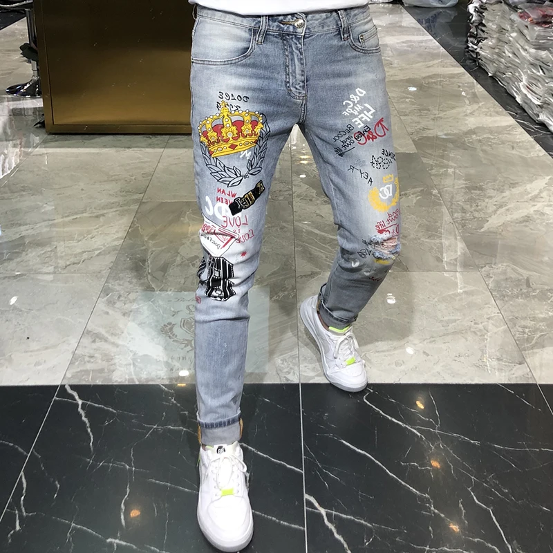 

Crown Printing Skinny Jeans Men Joggers White Skinny Jeans Men Spring 2021 Man Jeans Brand New Slim Fit Casual Denim Harem Pants