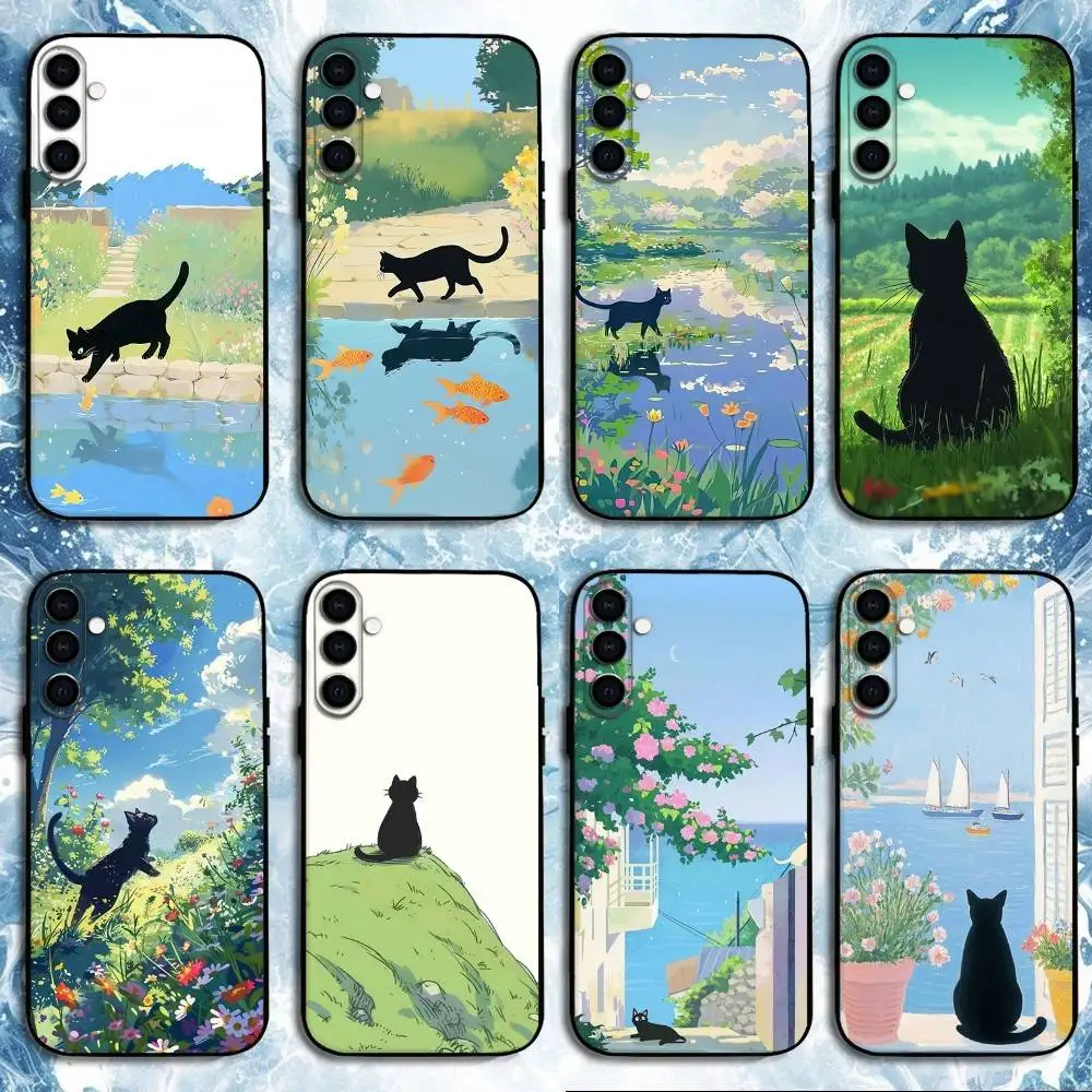 

Summer And The Black Cat Phone Case For Samsung Galaxy A73,A72,A71,A70,A53,A52,A51,Others Soft Black Shell
