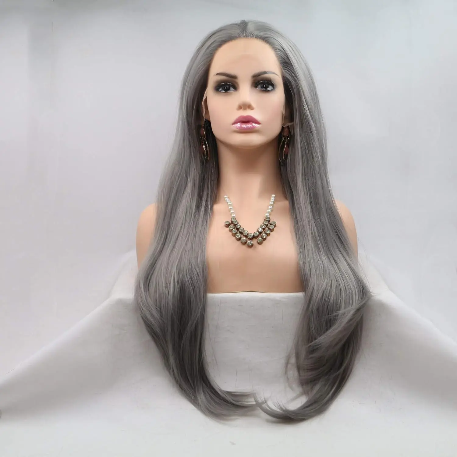 شعر مستعار طويل طبيعي للنساء ، شعر رمادي غير لاصق ، ألياف مقاومة للحرارة ، فراق مجاني #1