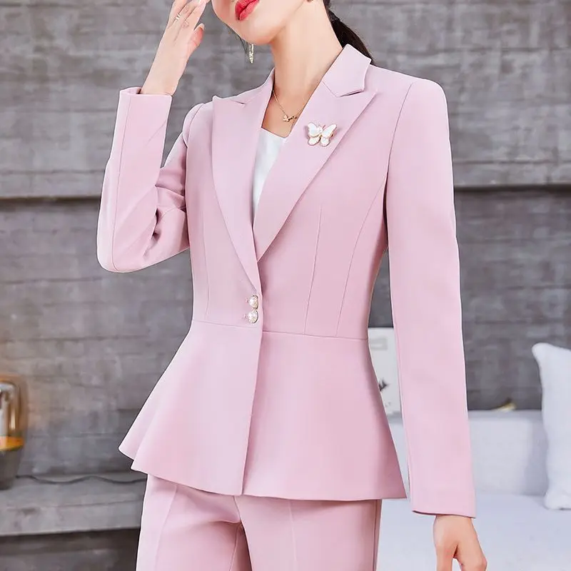 Insozkdg Office Suit Spring New Fashion Blazer Skirt Suit Solid Irregular Long Sleeve Jacket + Trousers 2 Piece Set Blazer Women