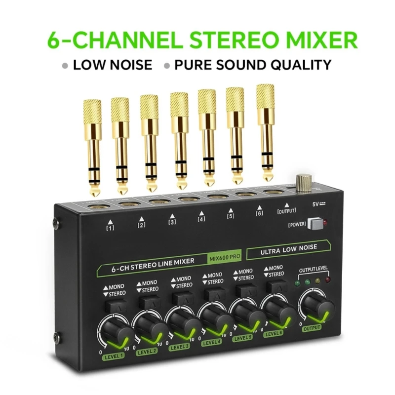 Y1UB Professional Low Noise 6 Channel Line Stereo Mixer 6 Input 1 Output 5V LED Mixer Microphones Guitar Keyboards Mixer