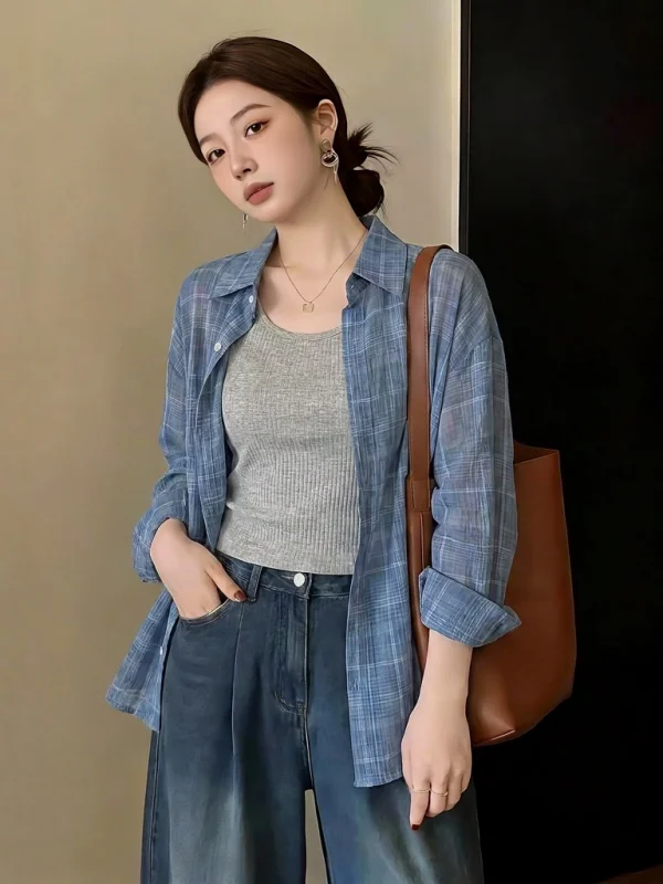 

Light Blue Plaid Shirt Women's Outerwear Summer New Large Size Fat MM Sun Protection Mid-Length Top Korean Style Loose Fit