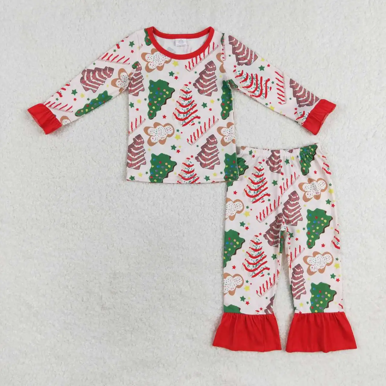 

RTS Baby Girls Toddler Wholesale Christmas Tree Cakes Ruffle Tee Top Kids Pants Bamboo Pajamas Boutique Outfits Clothes Sets