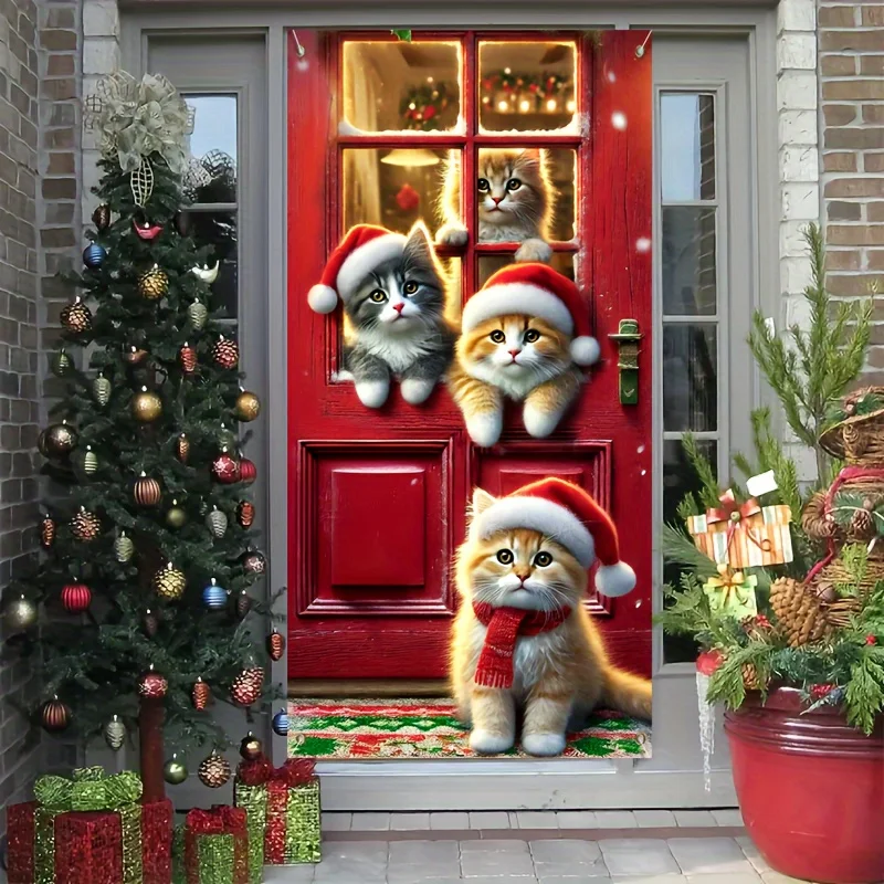 2D-Banner 1-teilig, ein Katzenwollvorhang mit Weihnachtsmotiv, Katze trägt Urlaubshut, moderner Stil, Partybanner