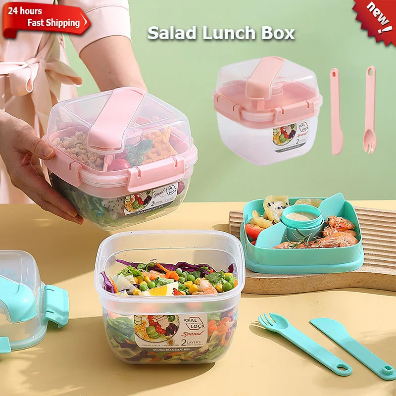 

Portable Lunch Box Salad Container New 2 Layer Lunch Seal Container Set with Fork Sauce Cup Lid Bento Microwave Food Lunchbox