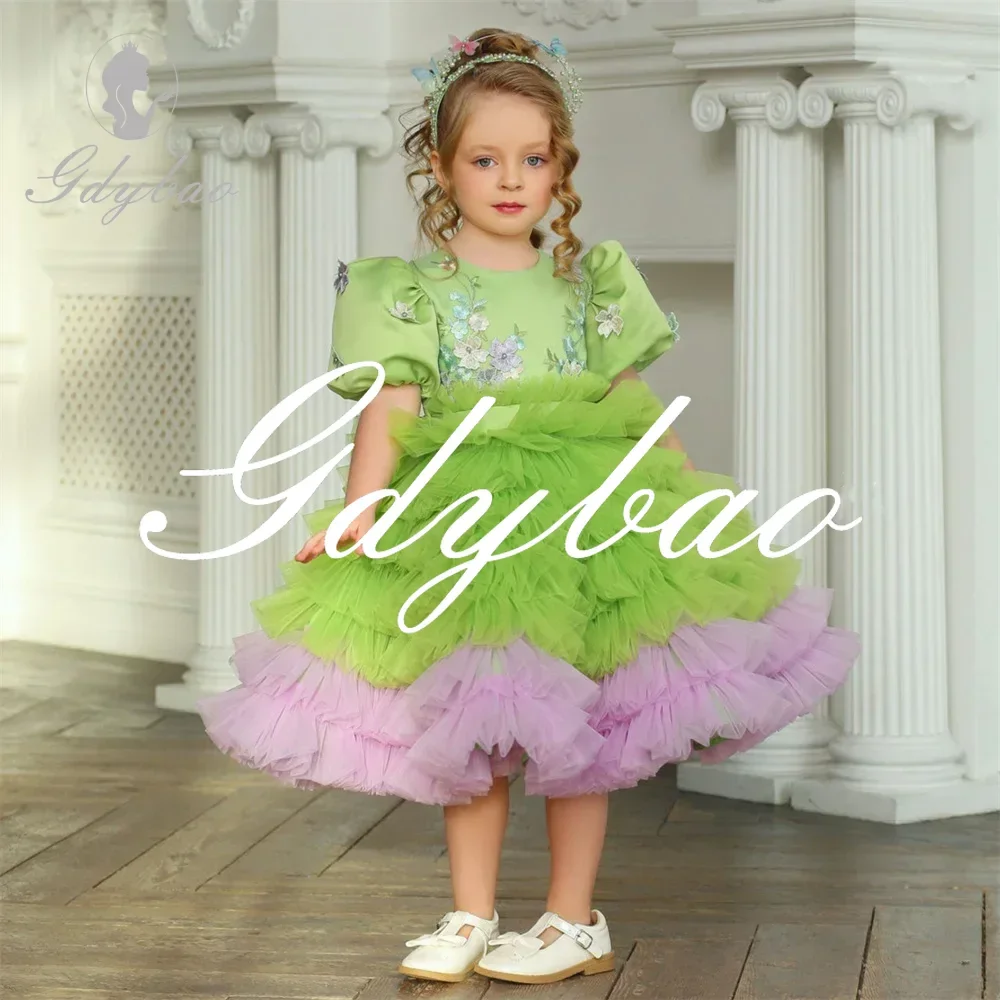

Pleat Flower A Line Short Puff Sleeve Long Ball Princess First Communion Gown Tea Length Formal Wedding Party Dress For Girl New