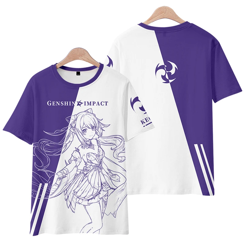 T-shirt de manga curta Genshin Impact, roupas de animação, tamanho solto, esculpida, animação, jogo, meia manga, verão, maré