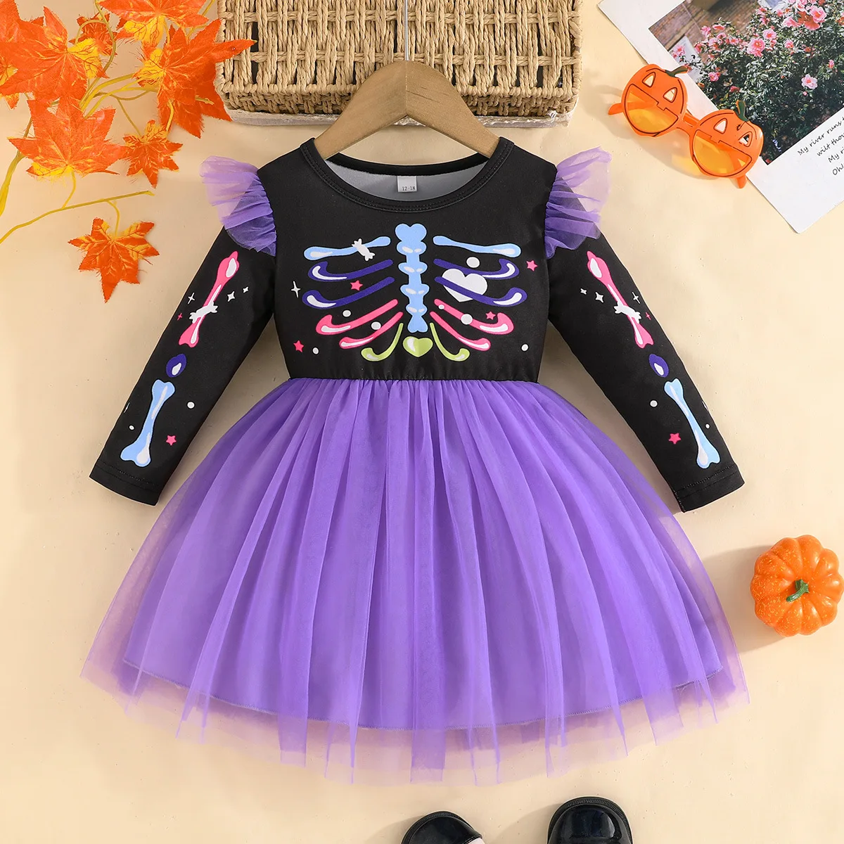 Personality Kid Girl Halloween Themed Dress Colorful Skeleton Patterns Tulle Ruffled Shoulders Tulle Skirt for Children Skirt