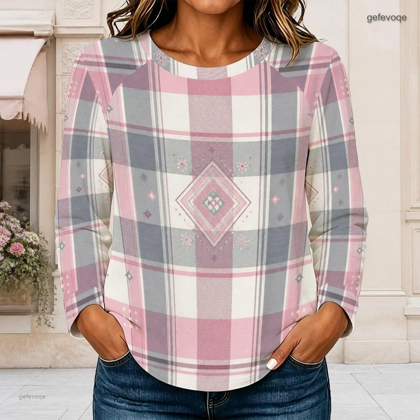 Women Round Neck Long Sleeve Curved Hem Top, Dark Purple Printed with Halloween Pumpkin Ghost Bat Pattern