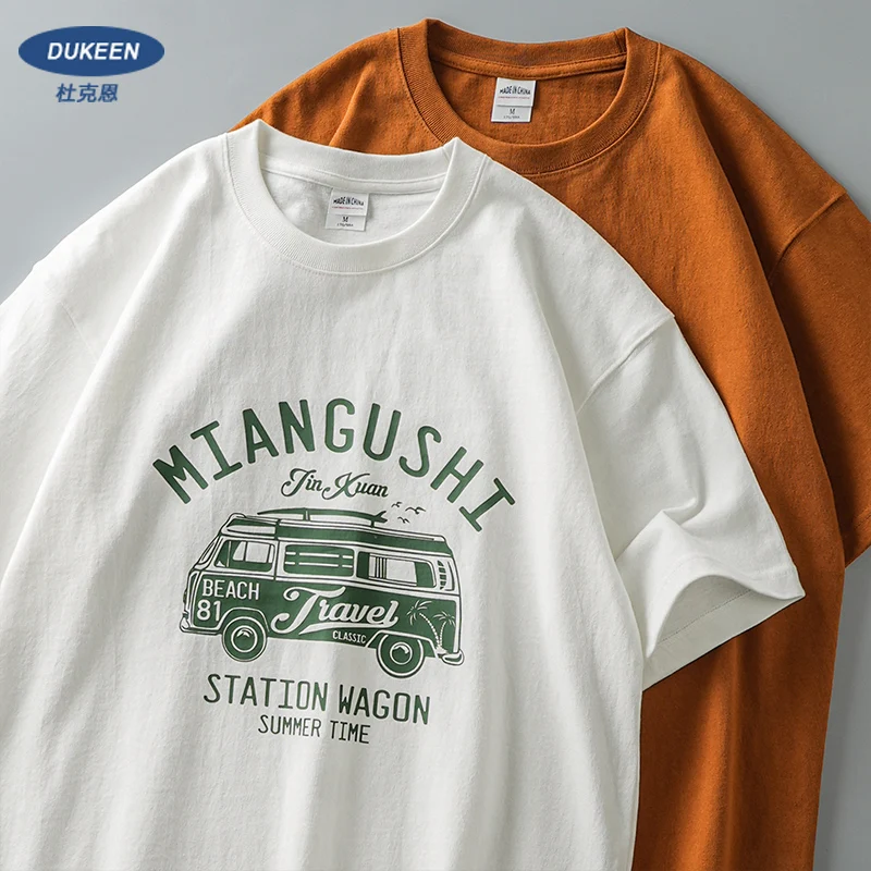 Dukeen 320gsm Heavy Oversized T Shirts Men 2025 Fashion Summer Vintage Bus Print Trend Tops Short-Sleeved Tees Mens Clothes