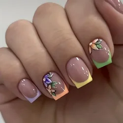 24 pçs curto quadrado imprensa em unhas com design de flor ponta francesa unhas falsas primavera verão cobertura completa unhas falsas para mulheres meninas