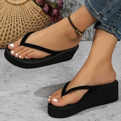 Women's Thick Bottom Beach Slippers High Heel 5.5cm Fashion Flip Flops Summer 2024 New Women's Platform Wedge Slippers