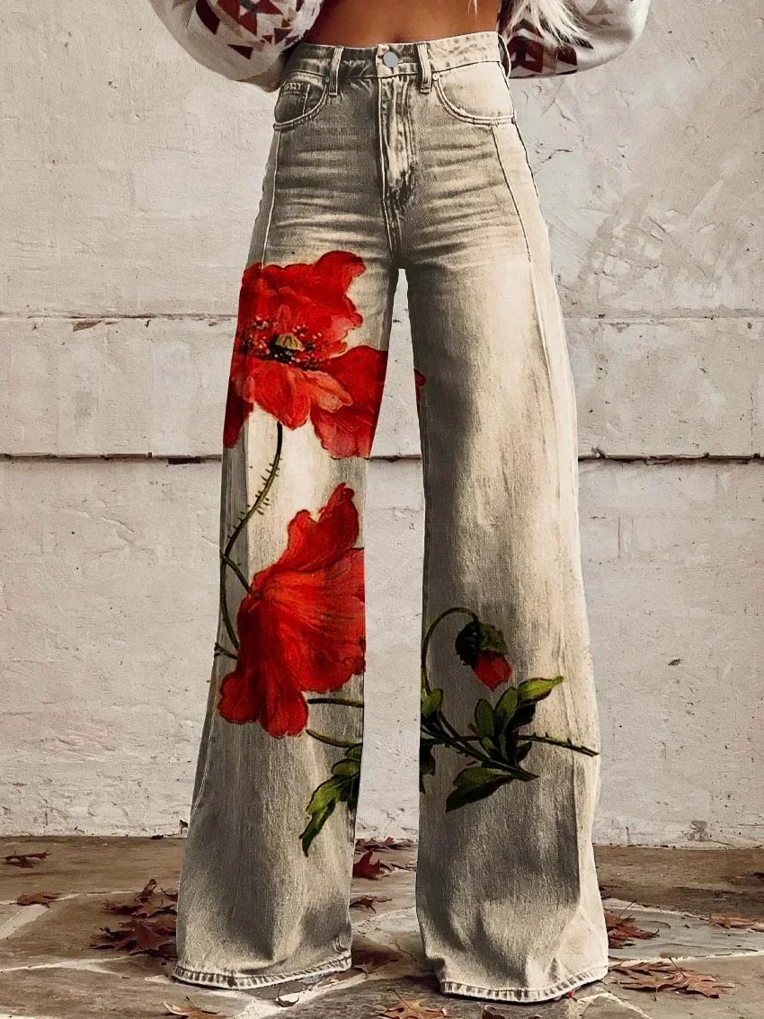 Women's denim flared pants micro flared pants 3D printed rose jeans fashionable and comfortable oversized jeans flared pants