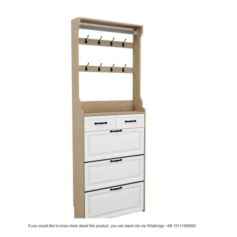 3 Flip Doors 2 Drawer Shoe Cabinet with Hanging Hooks, Narrow Hidden Storage Shoe Organizer for Entryway Narrow Hallway