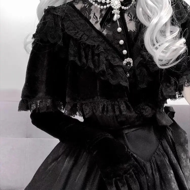 Licaboth Vintage estilo clásico elegante negro vestido de princesa Lolita estilo frío cuello de encaje Maxi-falda vestidos mujeres 2025