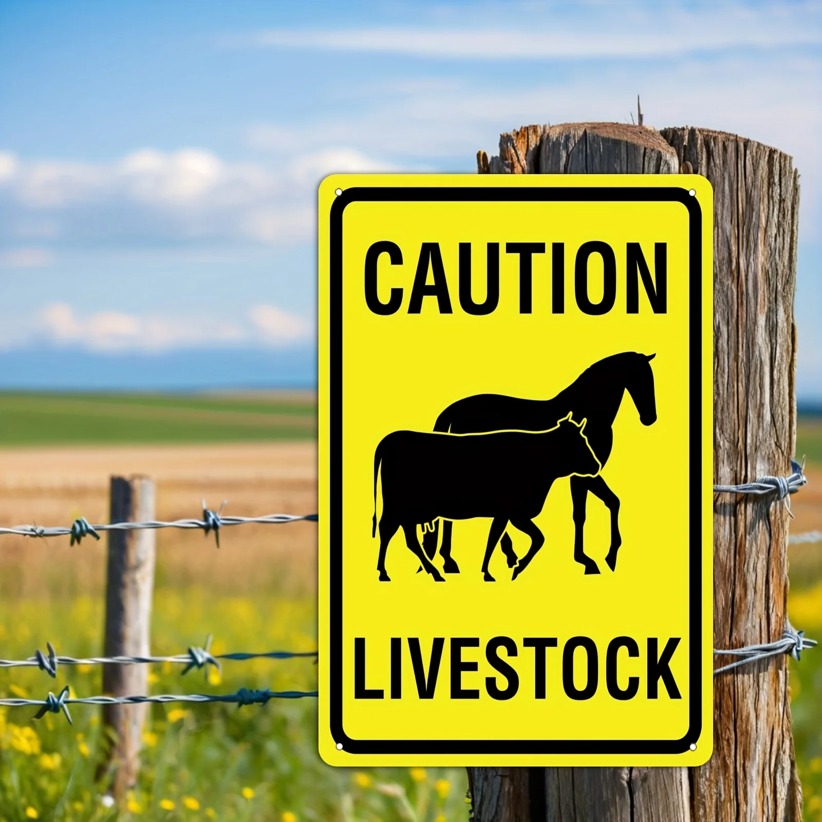 2D Flat - 1pc Caution Livestock Sign - Bright Yellow Metal Wall Art with Horse & Cow Design, 8x12in Iron Outdoor Decor