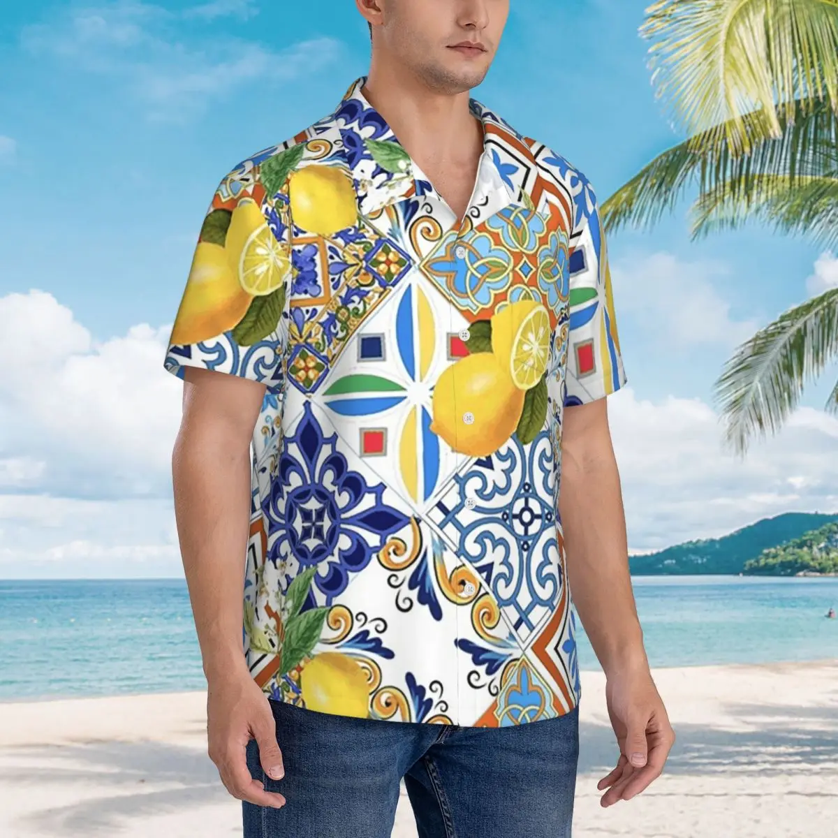 Mediterranean Tiles And Lemon Hawaiian Shirts Fashion Men Short Sleeve Shirt for Summer Beach Men's Lapel Tops